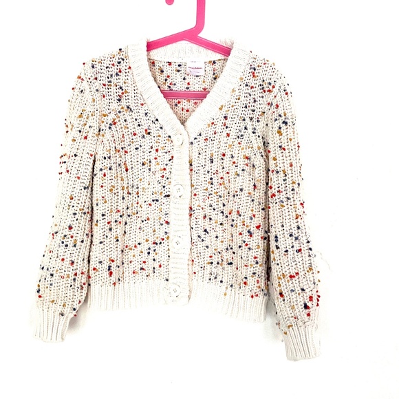 HANNA ANDERSSON Cream Mini Colorful Pompom Cable Knit Button Cardigan Kids Sz 8 - Picture 1 of 2